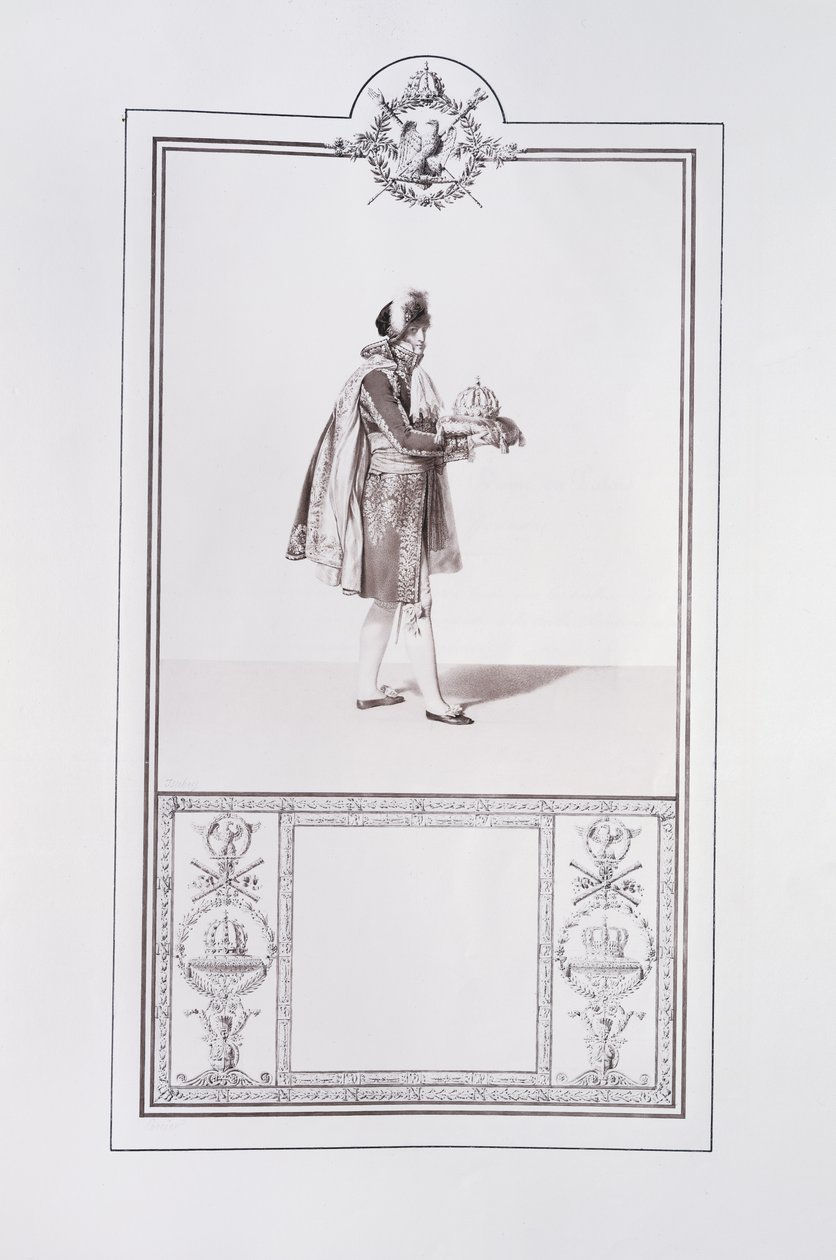 Kostium księcia francuskiego na koronację cesarza Napoleona I i cesarzowej Józefiny w Paryżu 2 grudnia 1804 r., ilustracja z „Livre du Sacre”, wydanej w Paryżu, 1804-15 autorstwa Jean Baptiste Isabey