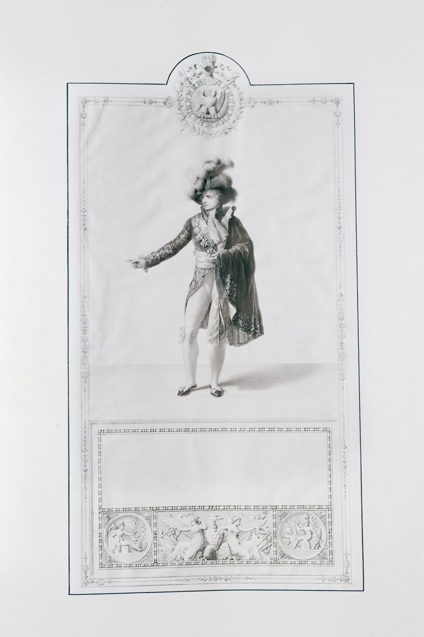 Kostium księcia wielkiego dygnitarza na koronację cesarza Napoleona I i cesarzowej Józefiny w Paryżu 2 grudnia 1804 r., ilustracja z „Livre du Sacre”, wydanej w Paryżu, 1804-15 (e autorstwa Jean Baptiste Isabey