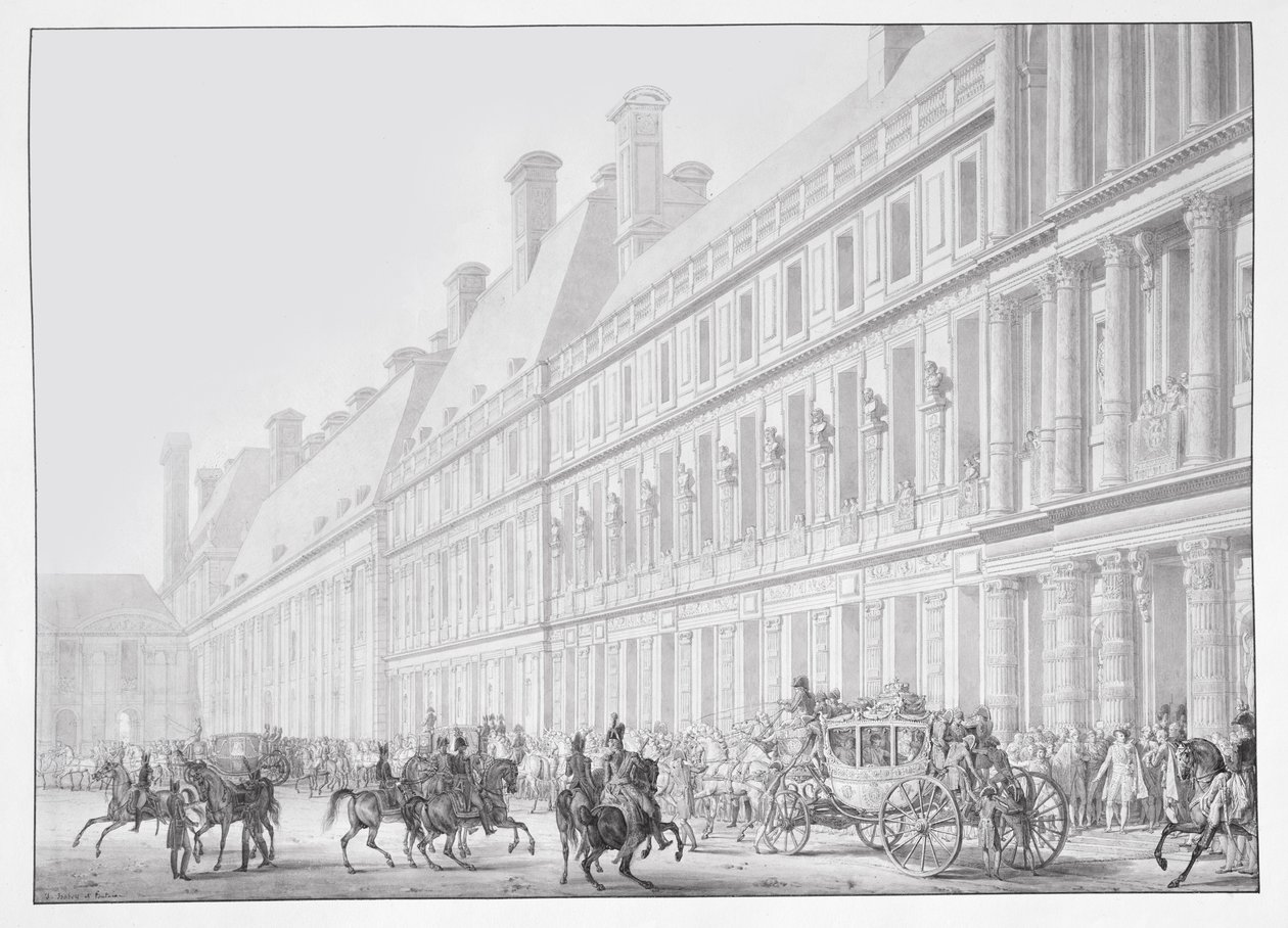 Wyjazd z pałacu Tuileries cesarza Napoleona I i cesarzowej Józefiny na koronację w katedrze Notre-Dame 2 grudnia 1804 r. Ilustracja z „Livre du Sacre”, opublikowana w P autorstwa Jean Baptiste Isabey