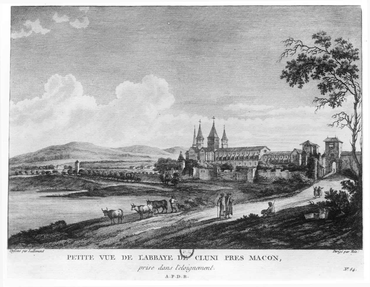 Widok na opactwo Cluny, z "Voyage Pittoresque de la France" wyryty pod kierunkiem Francois Denis Nee (1732-1817), opublikowany w 1787 r. autorstwa Jean Baptiste Lallemand