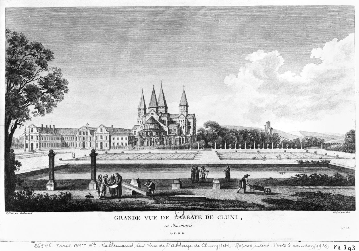 Widok opactwa Cluny, z „Voyage Pittoresque de la France” wyryty pod kierunkiem Francois Denis Nee (1732-1817), opublikowany 1787 autorstwa Jean Baptiste Lallemand
