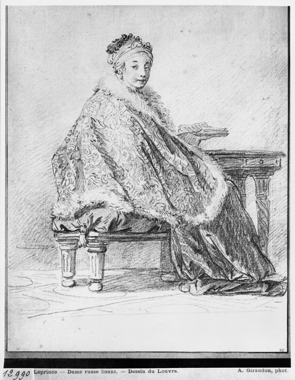 Rosjanka przy stole z książką w ręku (pierre noire i czerwona kreda na papierze) autorstwa Jean Baptiste Leprince