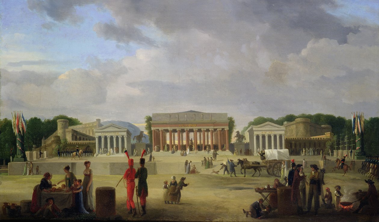 Widok Teatru Wielkiego zbudowanego na Place de la Concorde na Fete de la Paix, 9 listopada 1801 r. autorstwa Jean Baptiste Louis Cazin