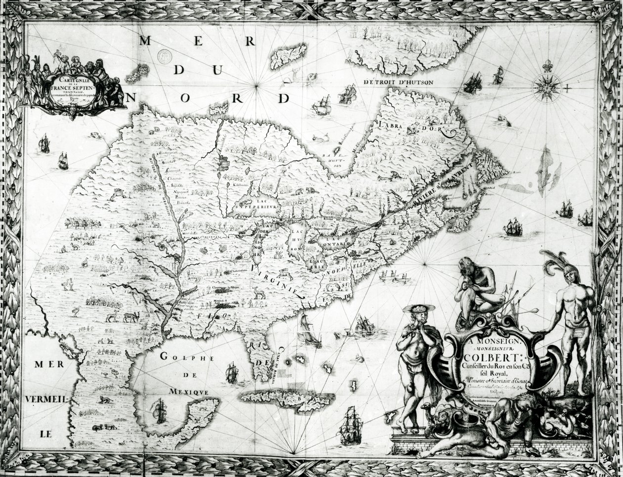 Mapa Nowej Francji poświęcona Colbertowi przez Duchesneau, Intendent, 1681 (szczegóły w 164769) autorstwa Jean Baptiste Louis Franquelin