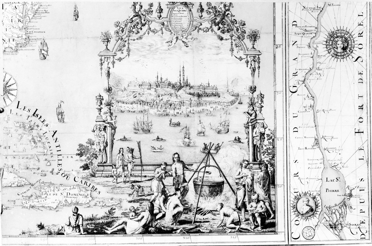 Widok Quebecu, kartusz z mapą przedstawiającą rzekę św. Wawrzyńca z Sorel, 1699 autorstwa Jean Baptiste Louis Franquelin