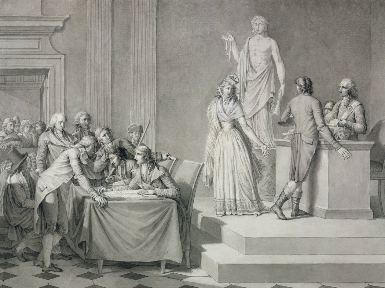Rozwód Republikański (pióro i atrament i grisaille na papierze) autorstwa Jean Baptiste Mallet