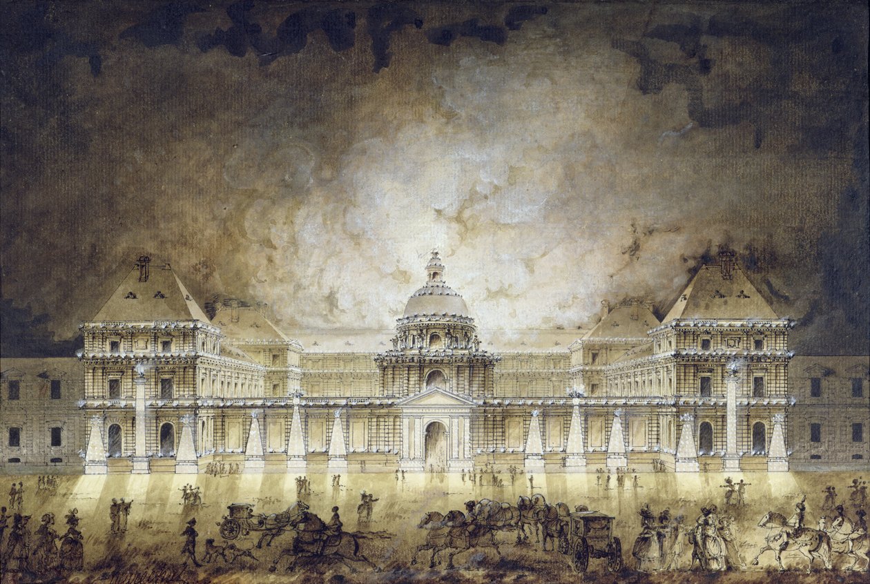 Pałac Luksemburski oświetlony na Fete du Roi w 1780 r. (pióro i atrament i bistre na papierze) autorstwa Jean Baptiste Marechal