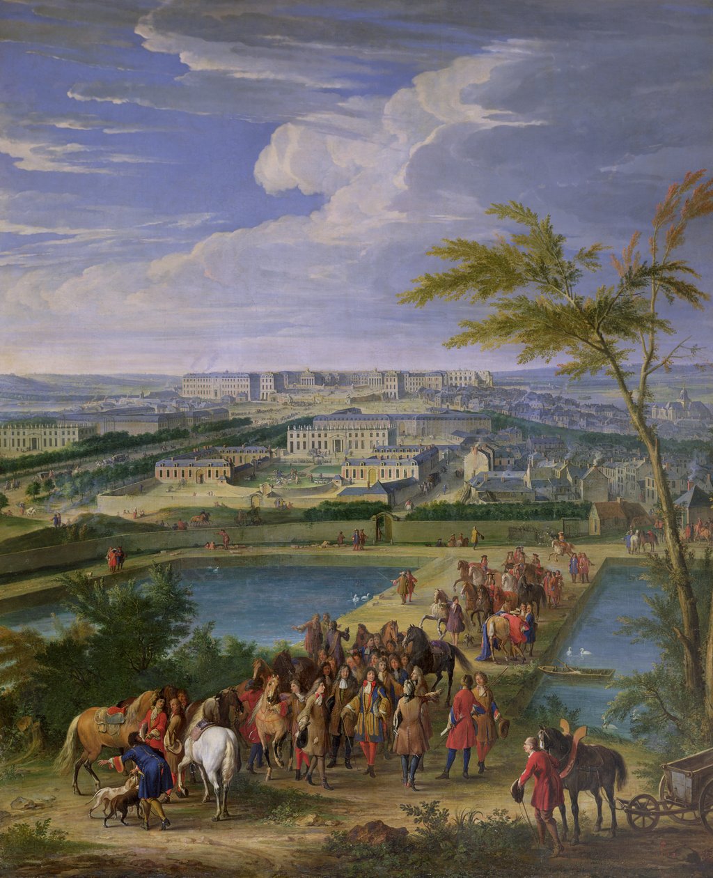 Miasto i zamek w Wersalu z Butte de Montboron, gdzie Ludwik XIV (1638-1715) z Louvois, Mansart i Le Notre widział wodę z maszyny Marly do zbiorników wodnych, 1688 (oi autorstwa Jean Baptiste Martin