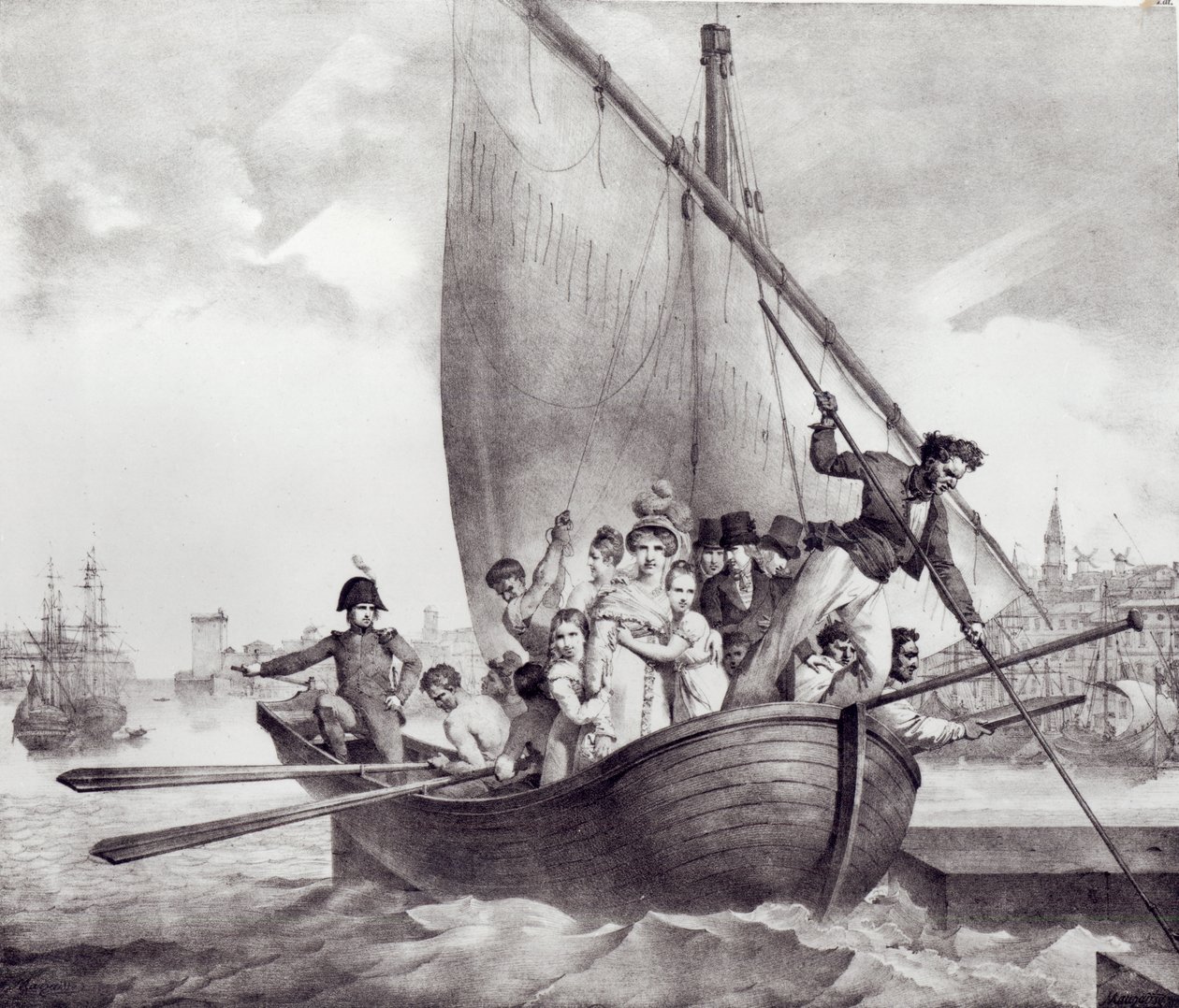 Rodzina Bonaparte przybywająca do Tulonu (Francja), podczas ucieczki z Korsyki, 17 czerwca 1793, ryty przez Motte, Charles (1785-1836) autorstwa Jean Baptiste Mauzaisse