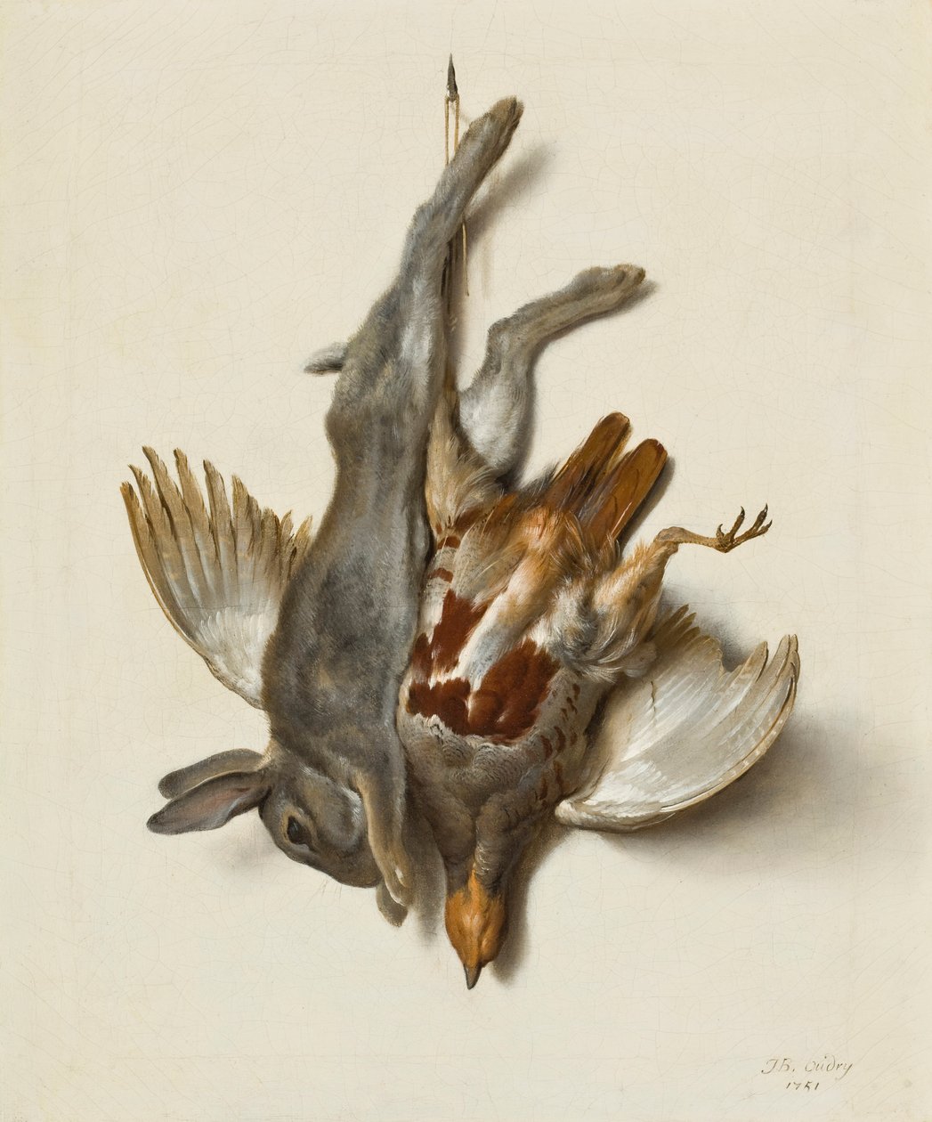 Młody królik i kuropatwa powieszone u stóp, 1751 autorstwa Jean Baptiste Oudry
