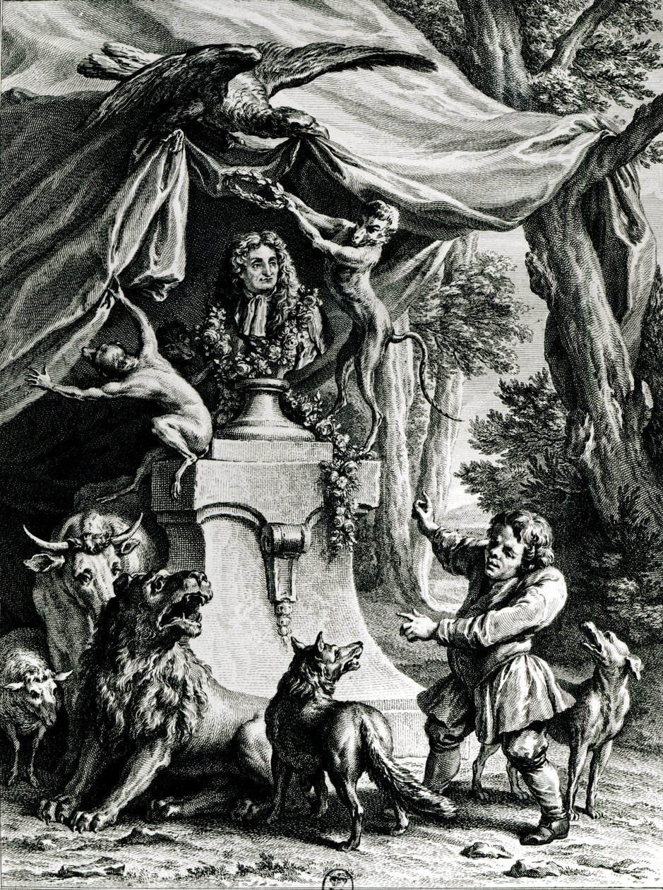 Alegoryczny portret Jeana de La Fontaine (1621-95) w otoczeniu zwierząt z jego bajek autorstwa Jean Baptiste Oudry