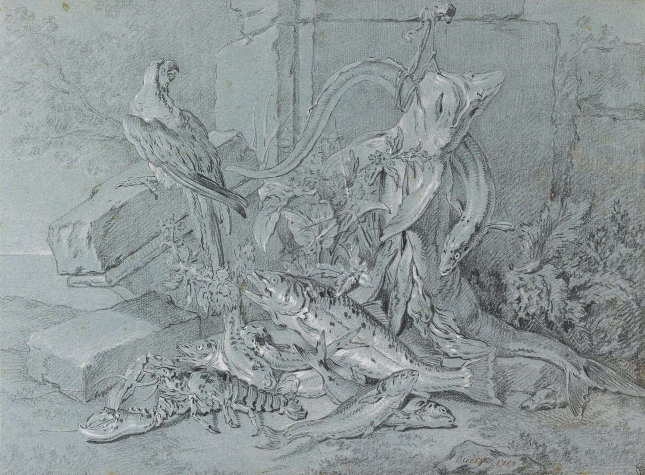 Martwa natura z rybą i papugą autorstwa Jean Baptiste Oudry