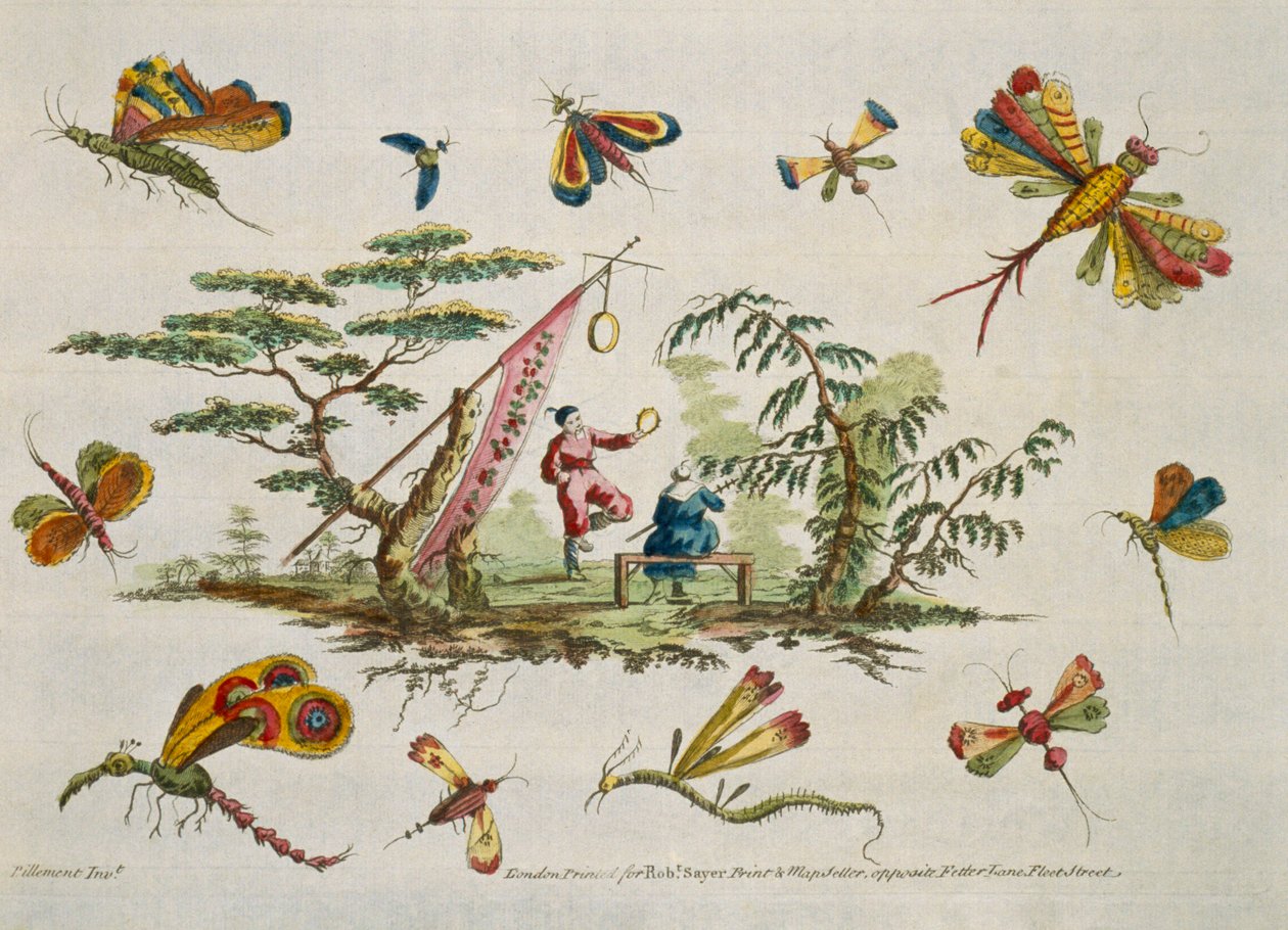 Ilustracja przedstawiająca motyle i dwie centralne postacie w japońskim stroju z filmu For Ladies Amusement..Art of Japanning. Pillement, Jean Baptiste (1728-1808) autorstwa Jean Baptiste Pillement