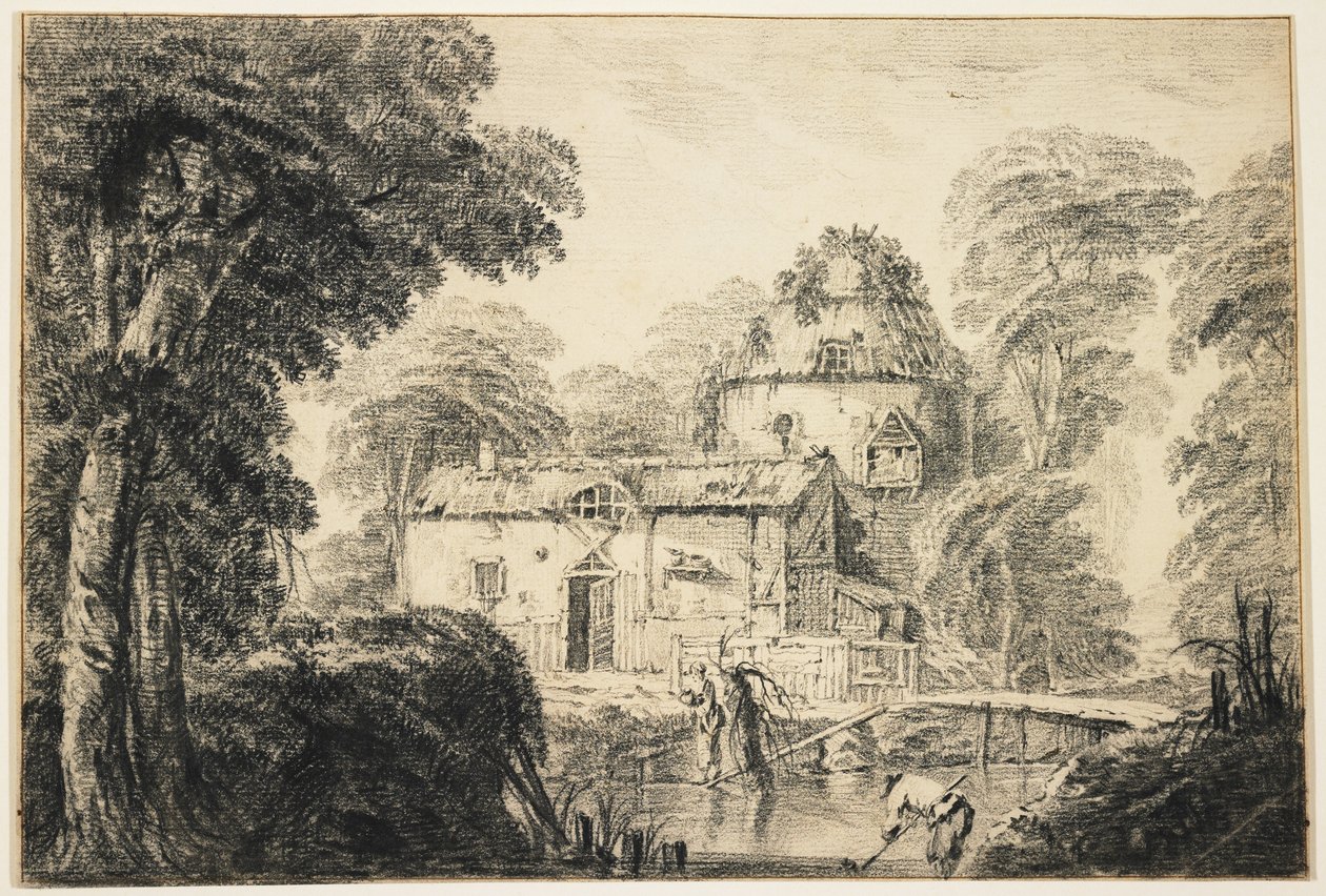 Pejzaż z chatą i chłopami, ok. 1770 (czarna kreda na kremowym papierze kładzionym) autorstwa Jean Baptiste Pillement
