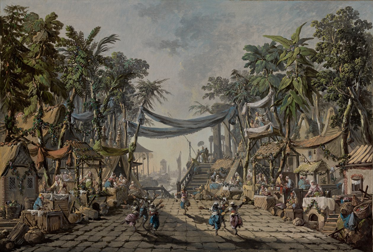 Scena targowa w wyimaginowanym porcie orientalnym autorstwa Jean Baptiste Pillement