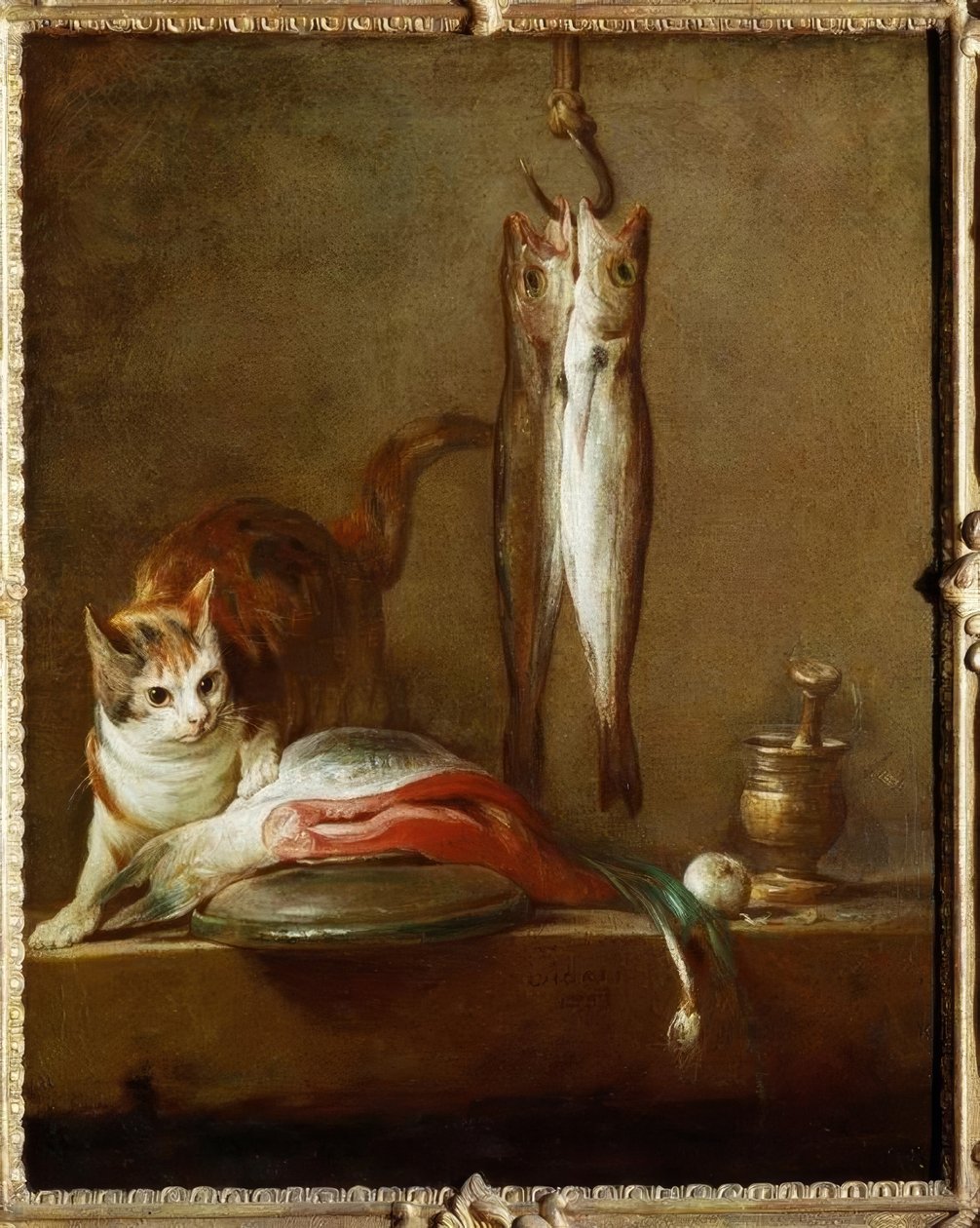 Kot z plastrem łososia, dwiema makrelami, moździerzem i pi autorstwa Jean Baptiste Simeon Chardin
