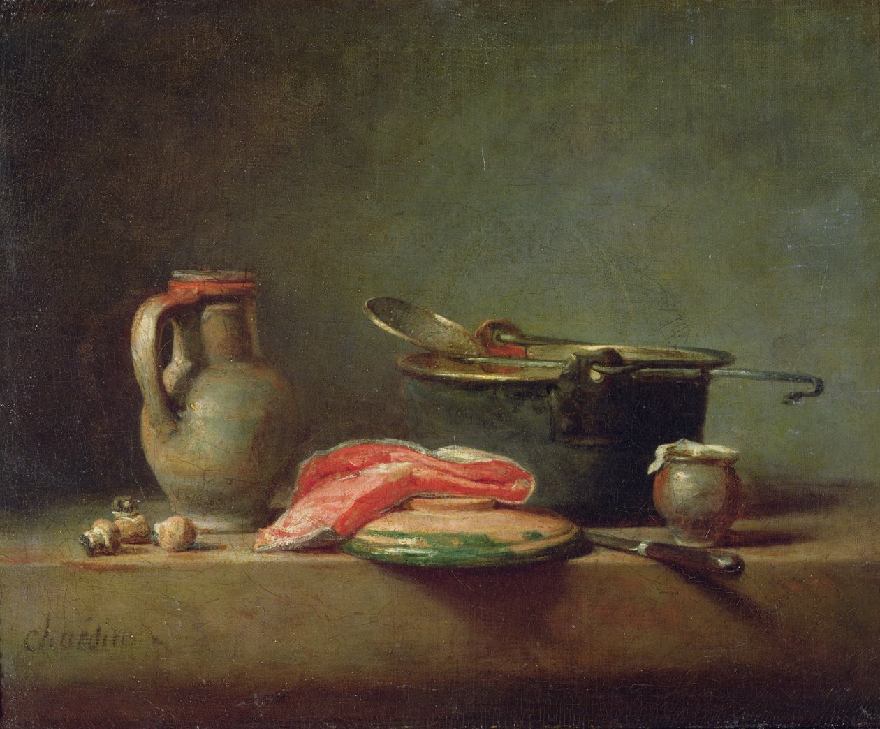 Miedziany kociołek z dzbankiem i plastrem łososia (olej) autorstwa Jean Baptiste Simeon Chardin