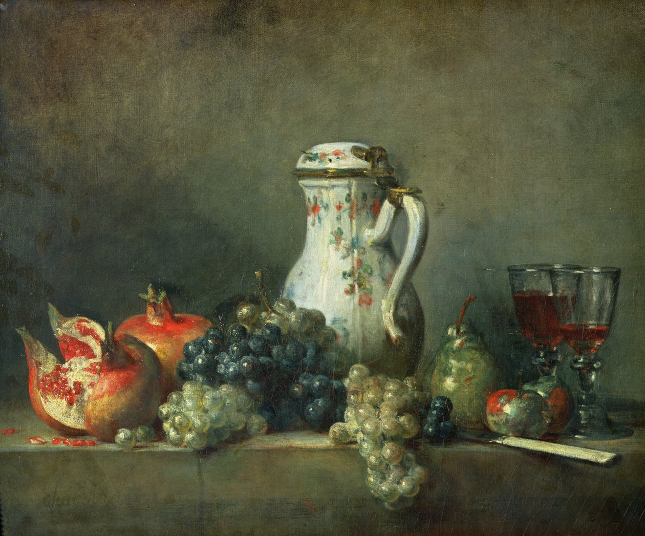 Martwa natura z winogronami i granatami, 1763 autorstwa Jean Baptiste Simeon Chardin