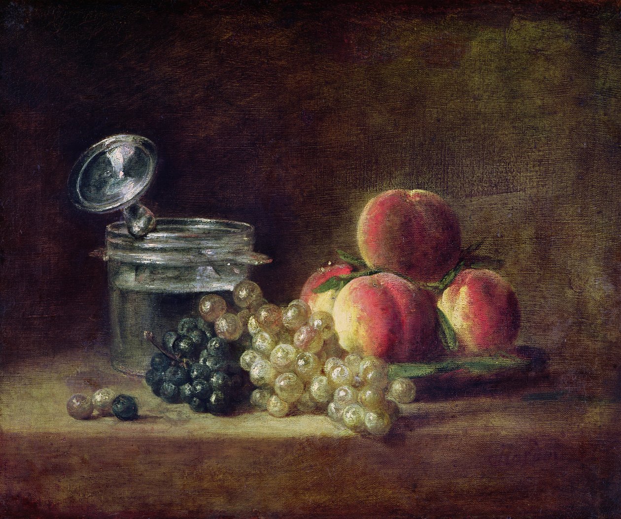 Martwa natura z koszem brzoskwiń, białych i czarnych winogron z chłodziarką i kieliszkiem, ok. 1759 autorstwa Jean Baptiste Simeon Chardin