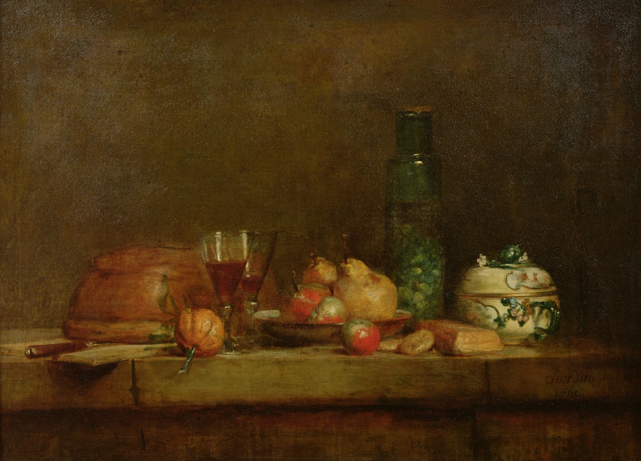 Martwa natura z butelką oliwek, 1760 autorstwa Jean Baptiste Simeon Chardin