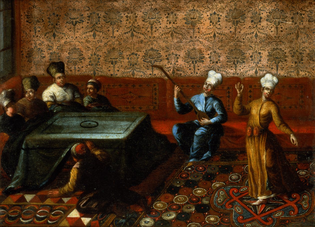 Postacie zebrane wokół Kursi z muzykiem i tancerzem występującym przed nimi autorstwa Jean Baptiste Vanmour