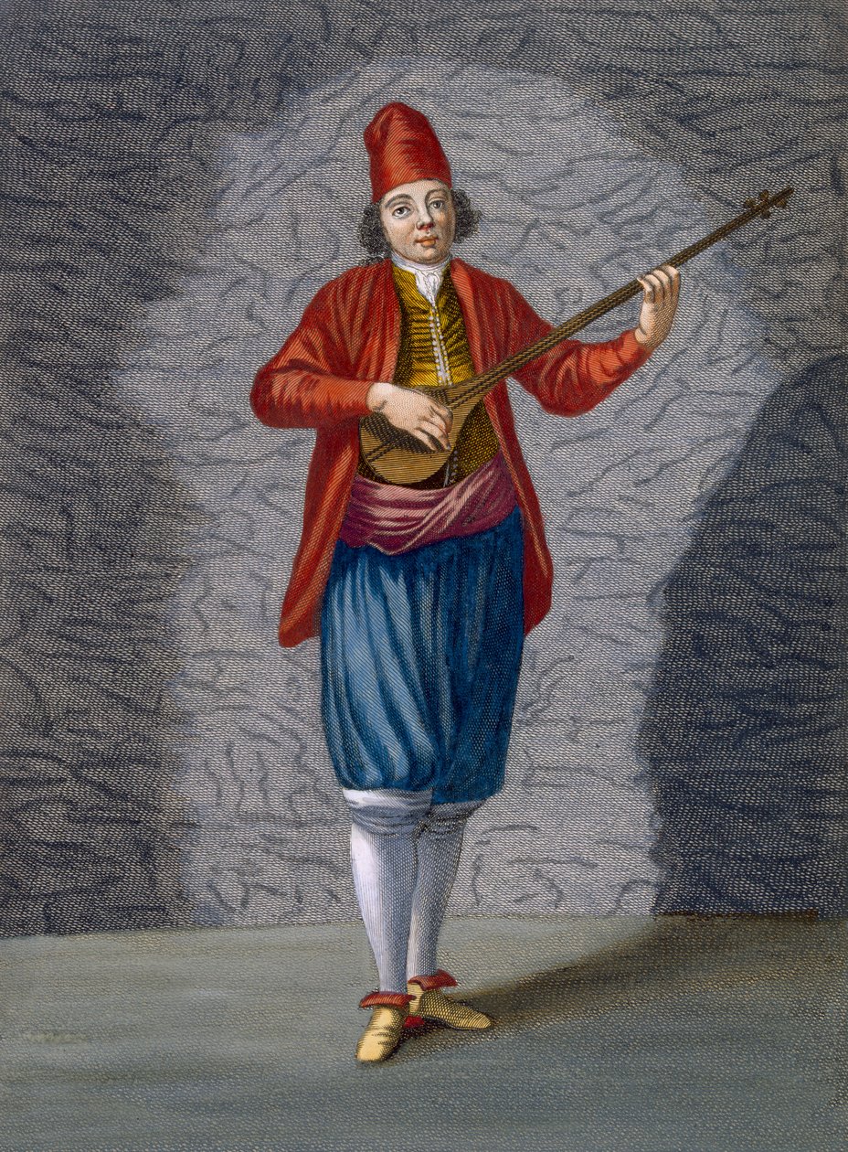 Muzyk wysp greckich, tablica 70 z „Kolekcja stu druków reprezentujących różne narody Lewantu” Charlesa de Ferriola, sztych. Gerard Scotin (1671-1716), 1707-08 ( autorstwa Jean Baptiste Vanmour