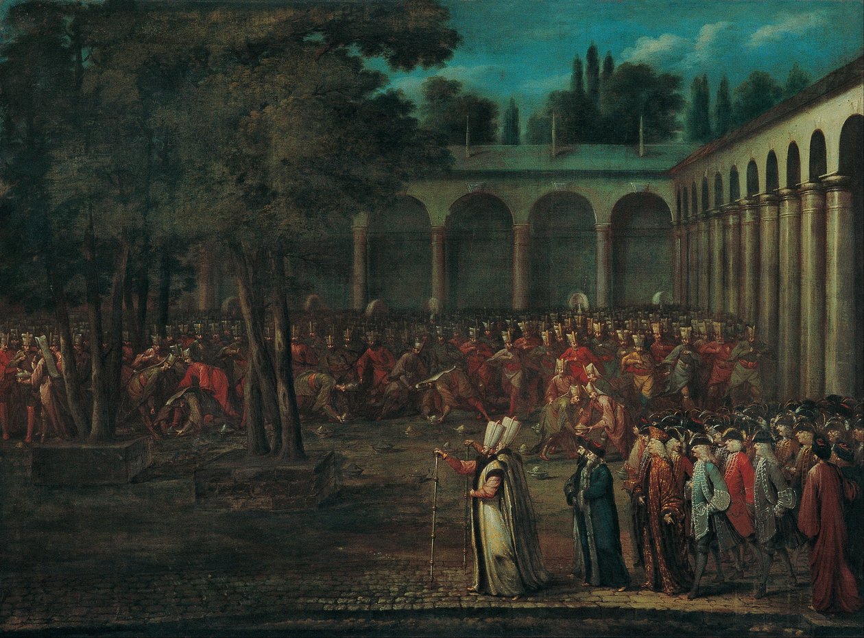 Delegacja Ambasadorów przechodząca przez Drugi Dziedziniec Pałacu Topkapi autorstwa Jean Baptiste Vanmour