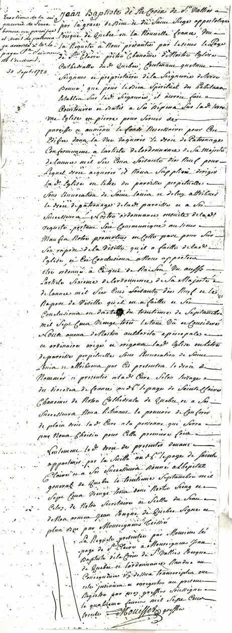 Dekret o utworzeniu parafii Saint-Louis-de-France de Terrebonne autorstwa Jean Baptiste de La Croix