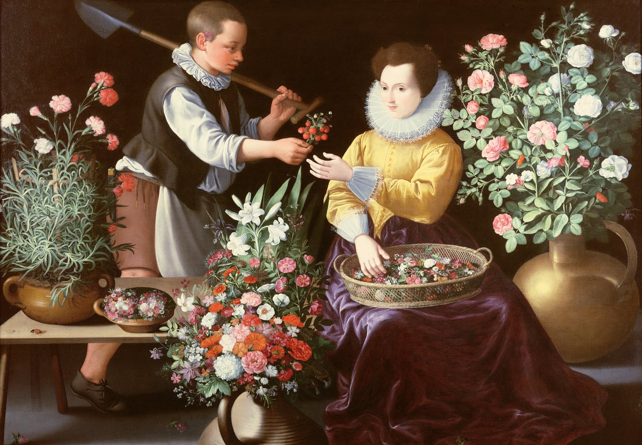 Alegoria wiosny" lub "Scena na targu z chłopcem częstującym truskawkami dziewczynę siedzącą i otoczoną kwiatami". autorstwa Jean Baptiste de Saive