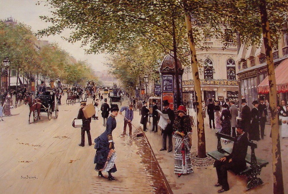 Boulevard des capucines - w tle Boulevard des Italiens z Pavillon de Hanovre po prawej autorstwa Jean Beraud