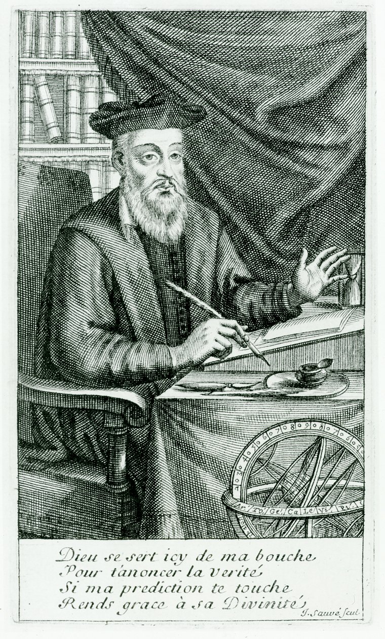 Michel de Nostredame (Nostradamus) (1503-66) Pisząc swoje proroctwa, grawerowane przez Jean Sauve (fl.1660-91) autorstwa Jean Boulanger