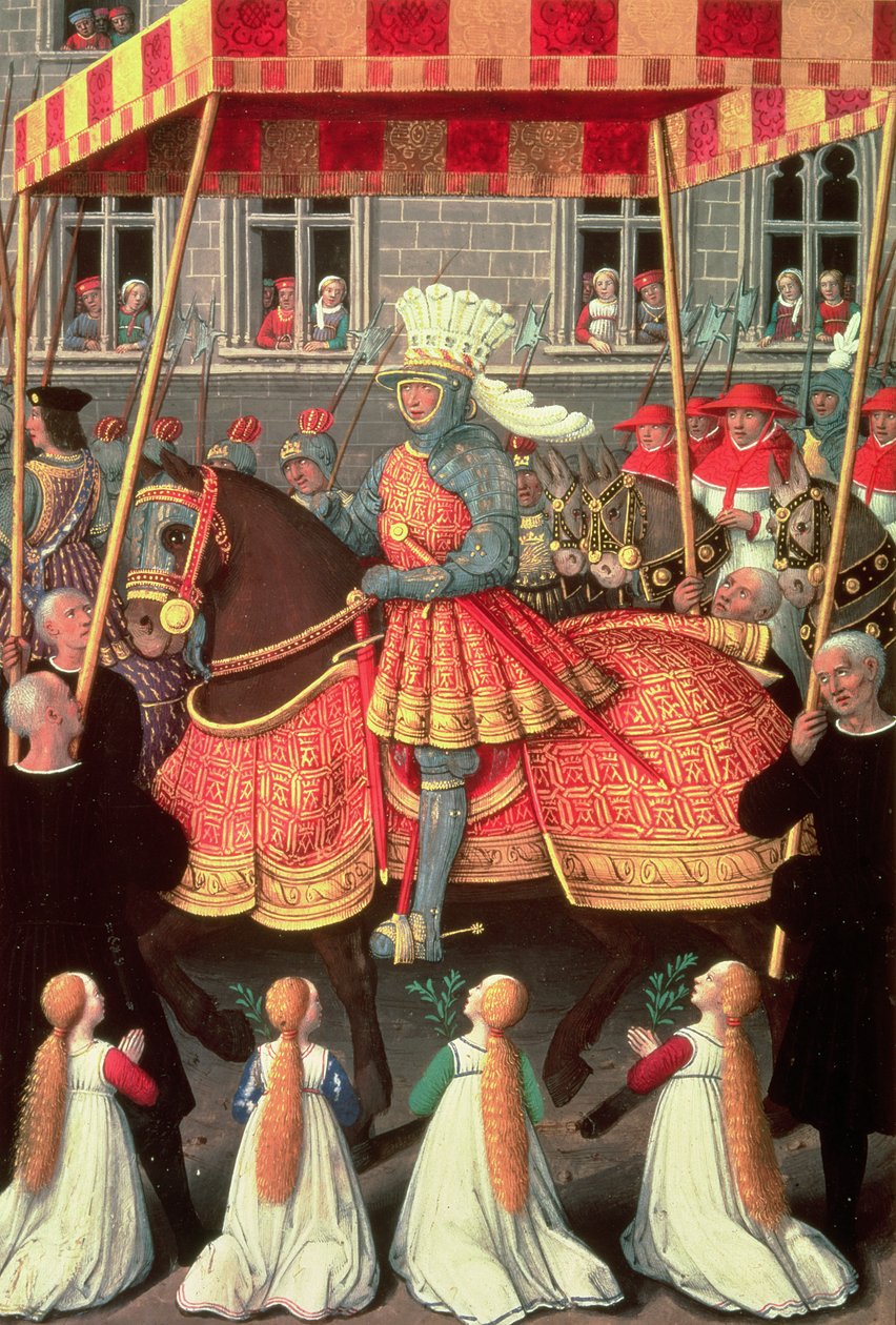 Ludwik XII (1462-1515) wjeżdżający do Genui pod baldachimem, a za nim czterech kardynałów, z „Godzin Anny Bretanii”, 1515-20 autorstwa Jean Bourdichon