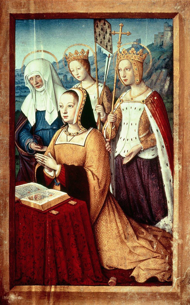 Ms lat 9474 f.3v Anne Bretanii ze św. Anną, św. Urszulą i św. Heleną, miniatura z Grandes Heures Anny Bretanii, ok. 1503-8 autorstwa Jean Bourdichon