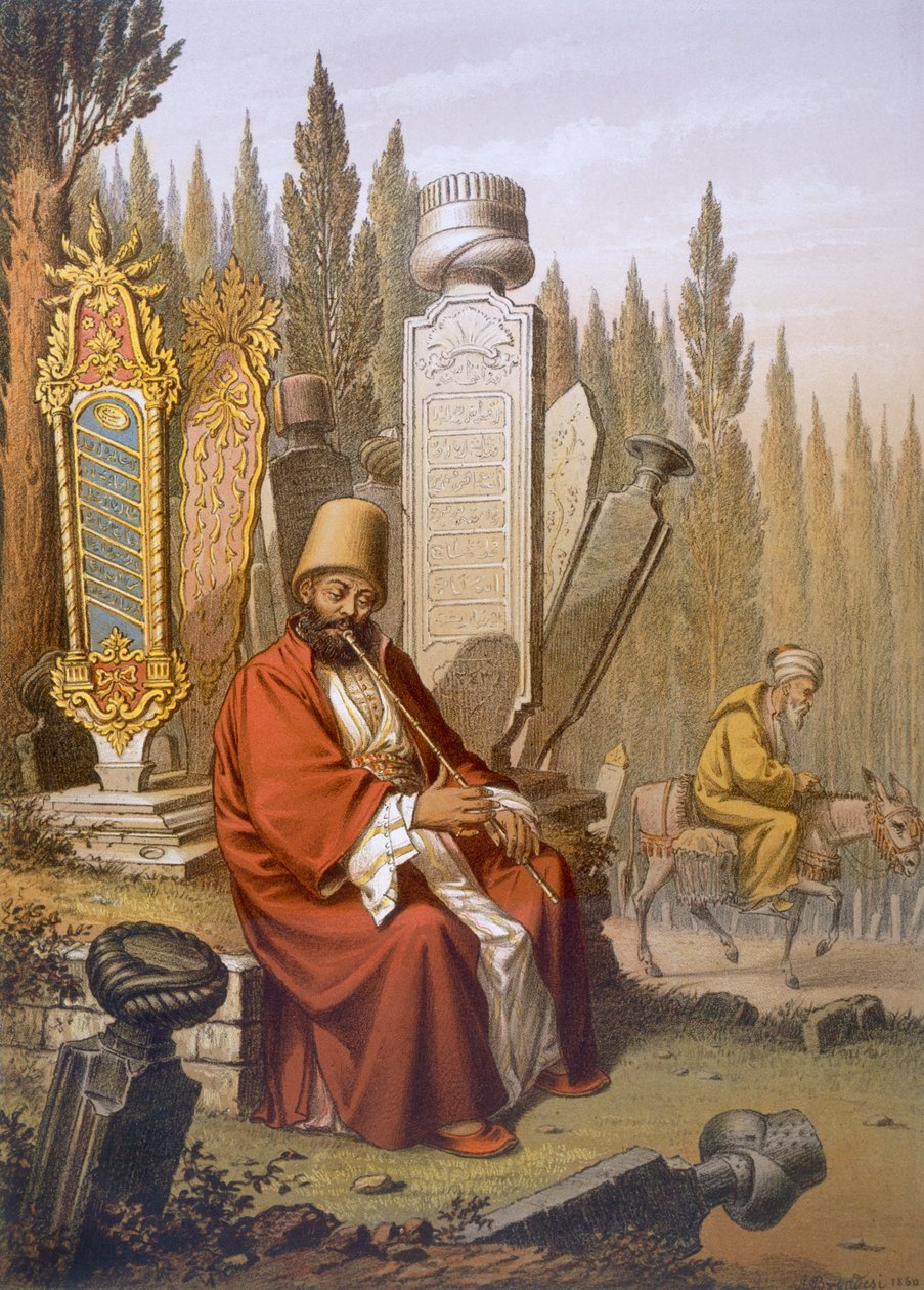 Sufi, grający na ney, siedzi na tureckim cmentarzu wśród wyrytych płyt nagrobnych, ilustracja z „Souvenirs de Constantinople”, wyd. Paryż, ok.1855 autorstwa Jean Brindesi