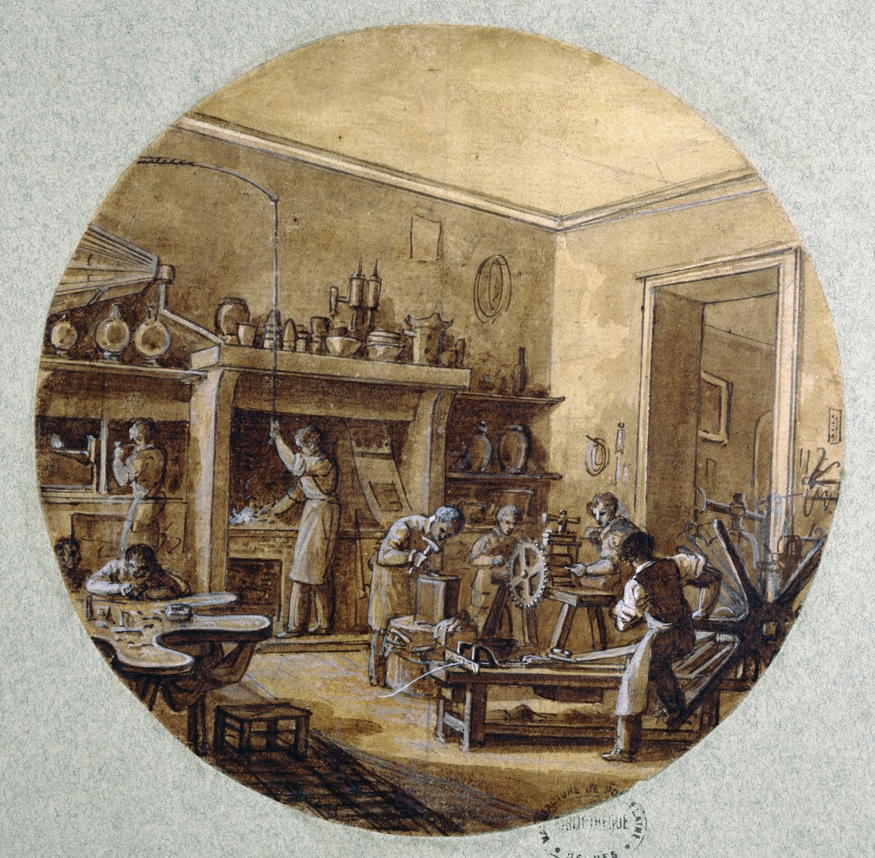 Warsztat jubilerski, projekt talerzy do usługi przedstawiającej różne zawody, ok. 1820-35 (pióro i tusz oraz pranie i gwasz na papierze) autorstwa Jean Charles Develly