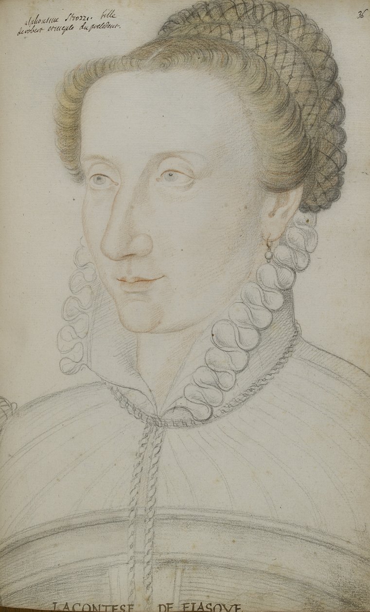 Alphonsine Strozzi (tył, czerwona i żółta kreda na papierze) autorstwa Jean Clouet