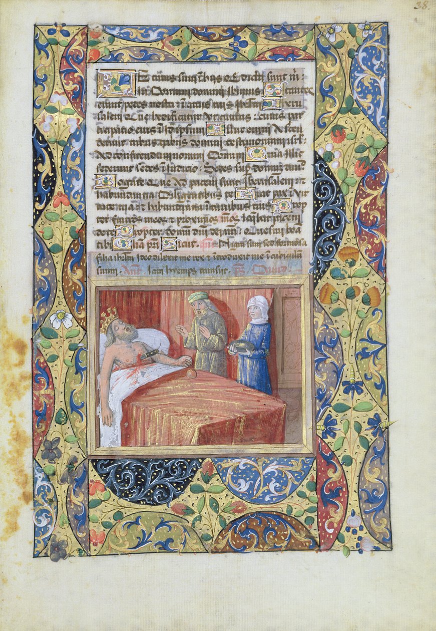 Pani Lat. Q.v.I.126 f.38 Król z nożem wbitym w serce, z „Księgi godzin Ludwika Orleańskiego”, 1490 autorstwa Jean Colombe