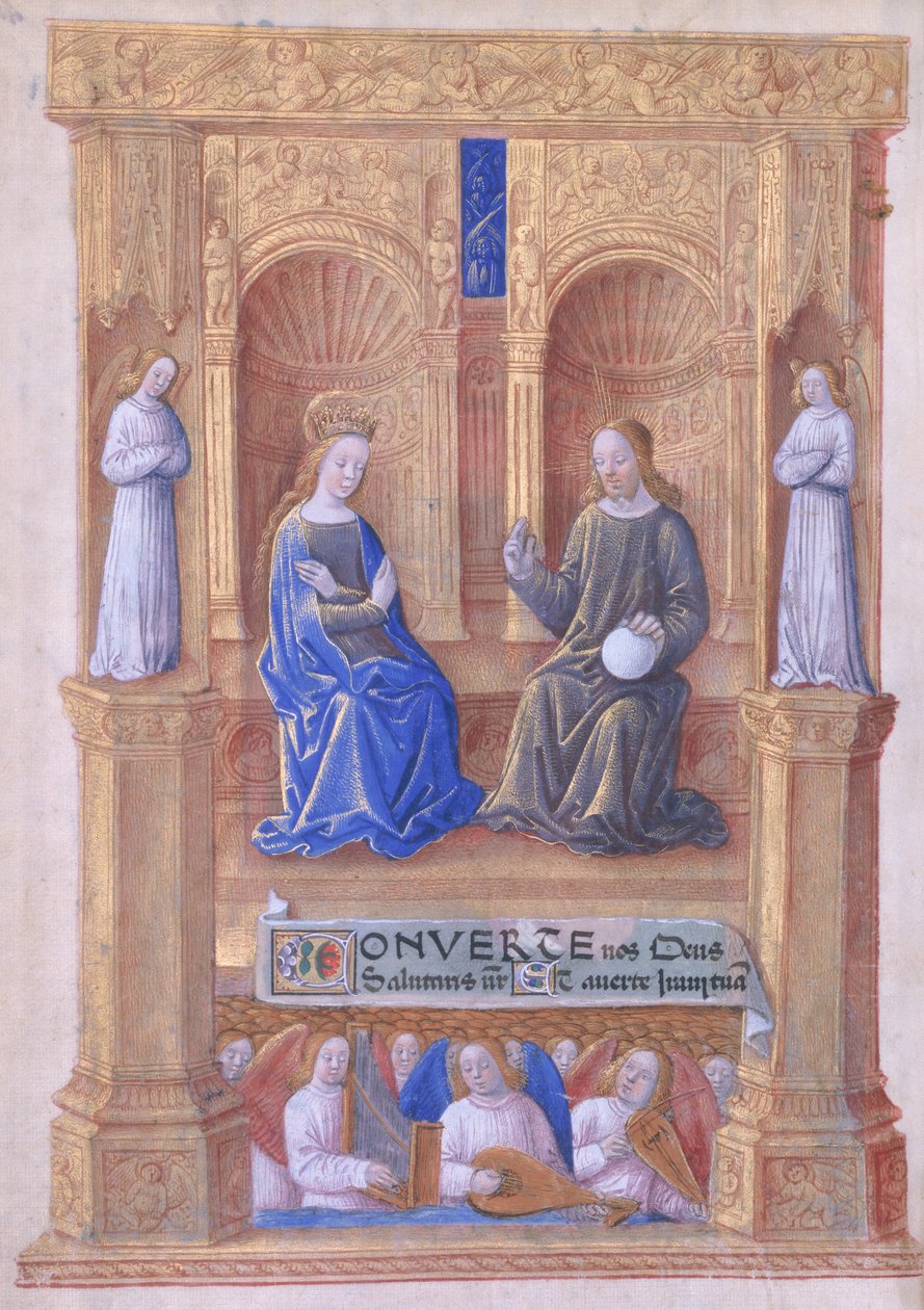 Pani Lat. Q.v.I.126 f.40v Chrystus i intronizacja Najświętszej Maryi Panny, z „Księgi godzin Ludwika Orleańskiego”, 1469 autorstwa Jean Colombe