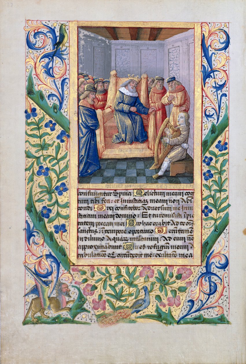 Pani Lat. Q.v.I.126 f.54v Saul słuchający Dawida grającego na harfie, z 