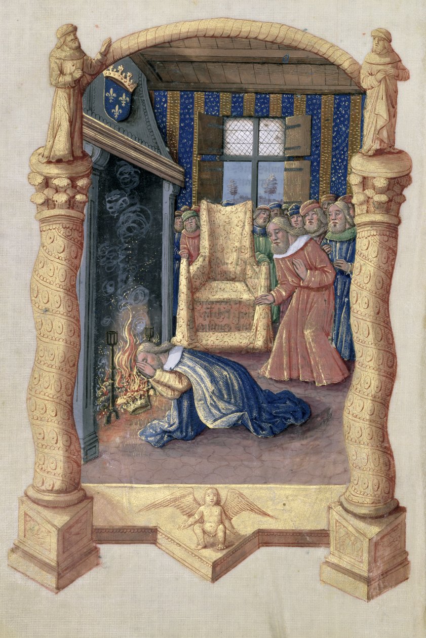Pani Lat. Q.v.I.126 f.66v David opłakuje śmierć swojego syna Absaloma, z „Księgi godzin Ludwika Orleańskiego”, 1469 autorstwa Jean Colombe