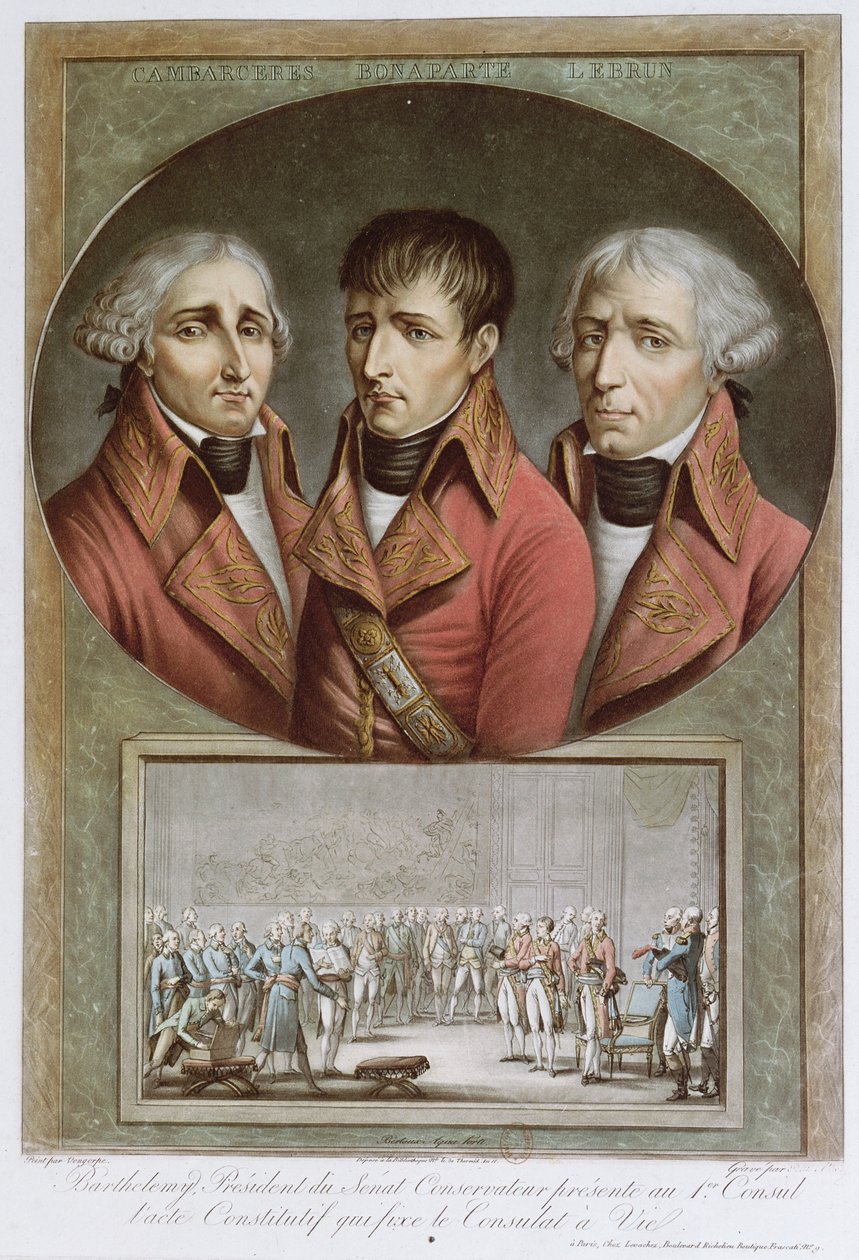 Portret trzech konsulów Republiki i Barthelemy prezentujących akt konstytucyjny ogłaszający Napoleona I dożywotnim cesarzem premierowi konsulowi, 2 sierpnia 1802, grawerowany przez Charlesa Fra autorstwa Jean Duplessi Bertaux