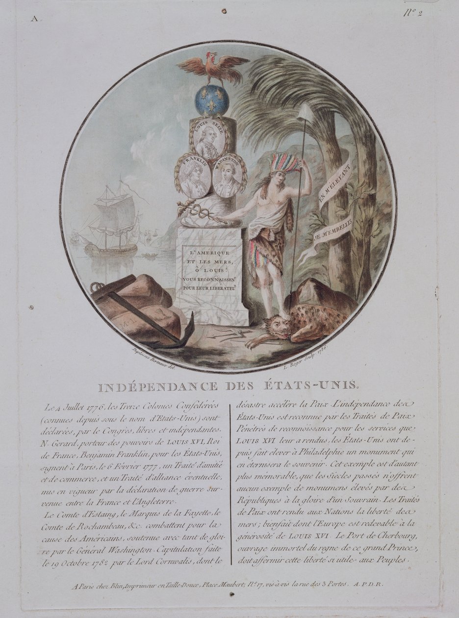Niepodległość Stanów Zjednoczonych, grawerowana przez L. Rogera, 1786 (kolorowa lito) autorstwa Jean Duplessis Bertaux