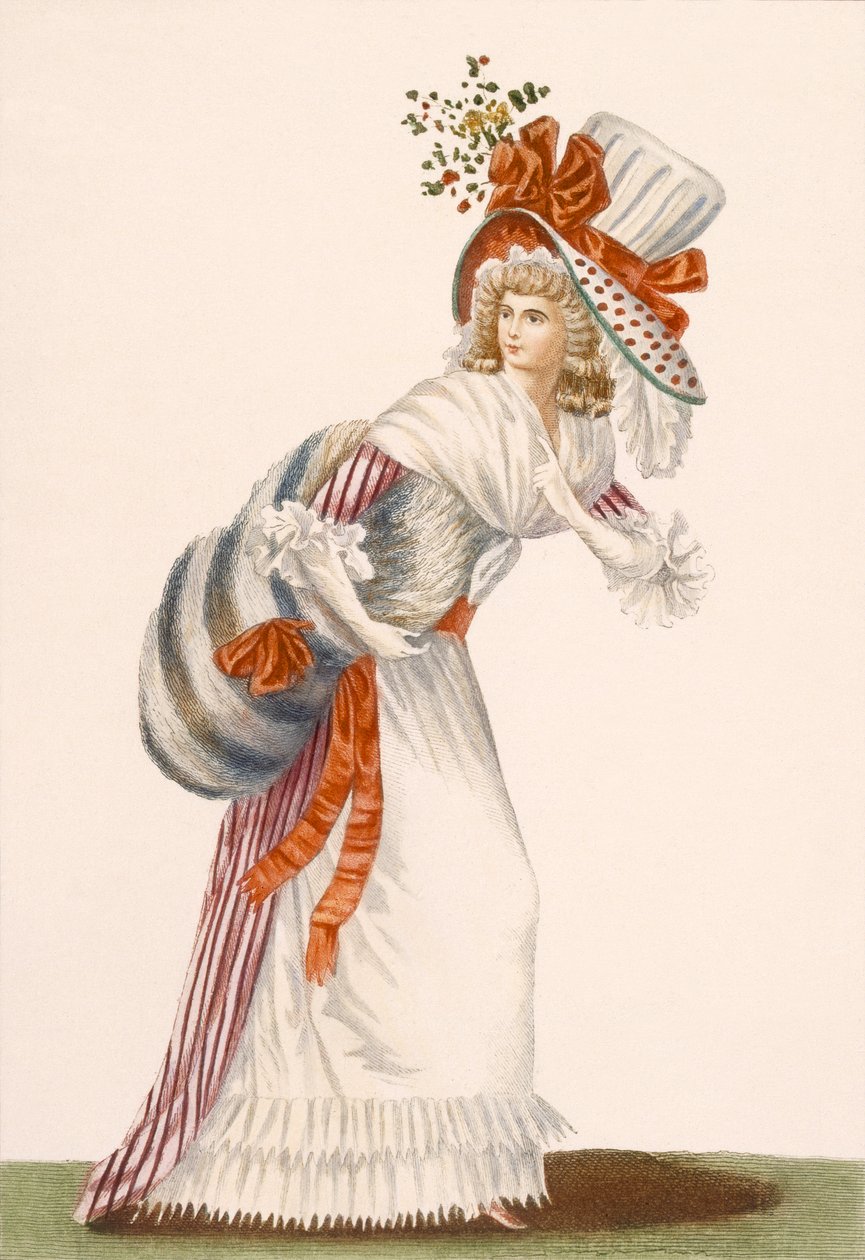 Efektowny strój damski, tabliczka z „Galeries des Modes et Costumes Francais”, ok. 1778-87 99: odzież; strój tradycyjny; strój tradycyjny; moda; ilustracja; c18th; moda autorstwa Jean Florent Defraine
