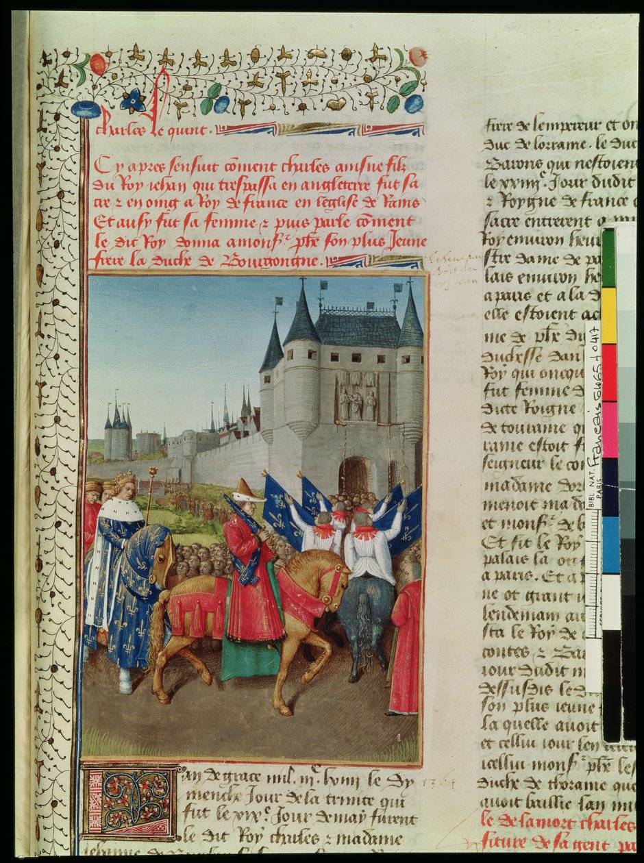 Ms 6465 f.417 Przybycie Karola V (1337-80) do Paryża, 28 maja 1364, c.1460 autorstwa Jean Fouquet