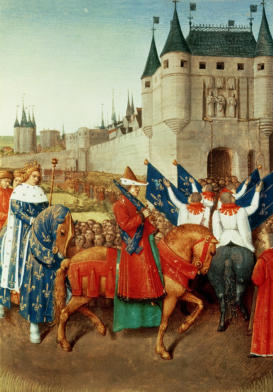 Ms 6465 f.417 Przyjazd Karola V (1337-80) do Paryża, 28 maja 1364 r., ok. 1460 r. autorstwa Jean Fouquet