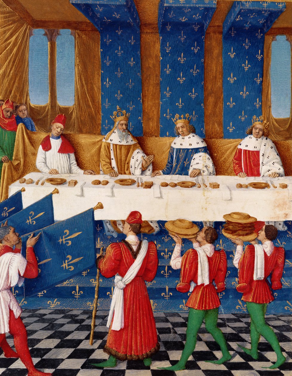 Ms 6465 fol.444v Bankiet wydany przez Karola V (1338-80) na cześć jego wuja cesarza Karola IV (1316-78) w 1378, z Grandes Chroniques de France autorstwa Jean Fouquet