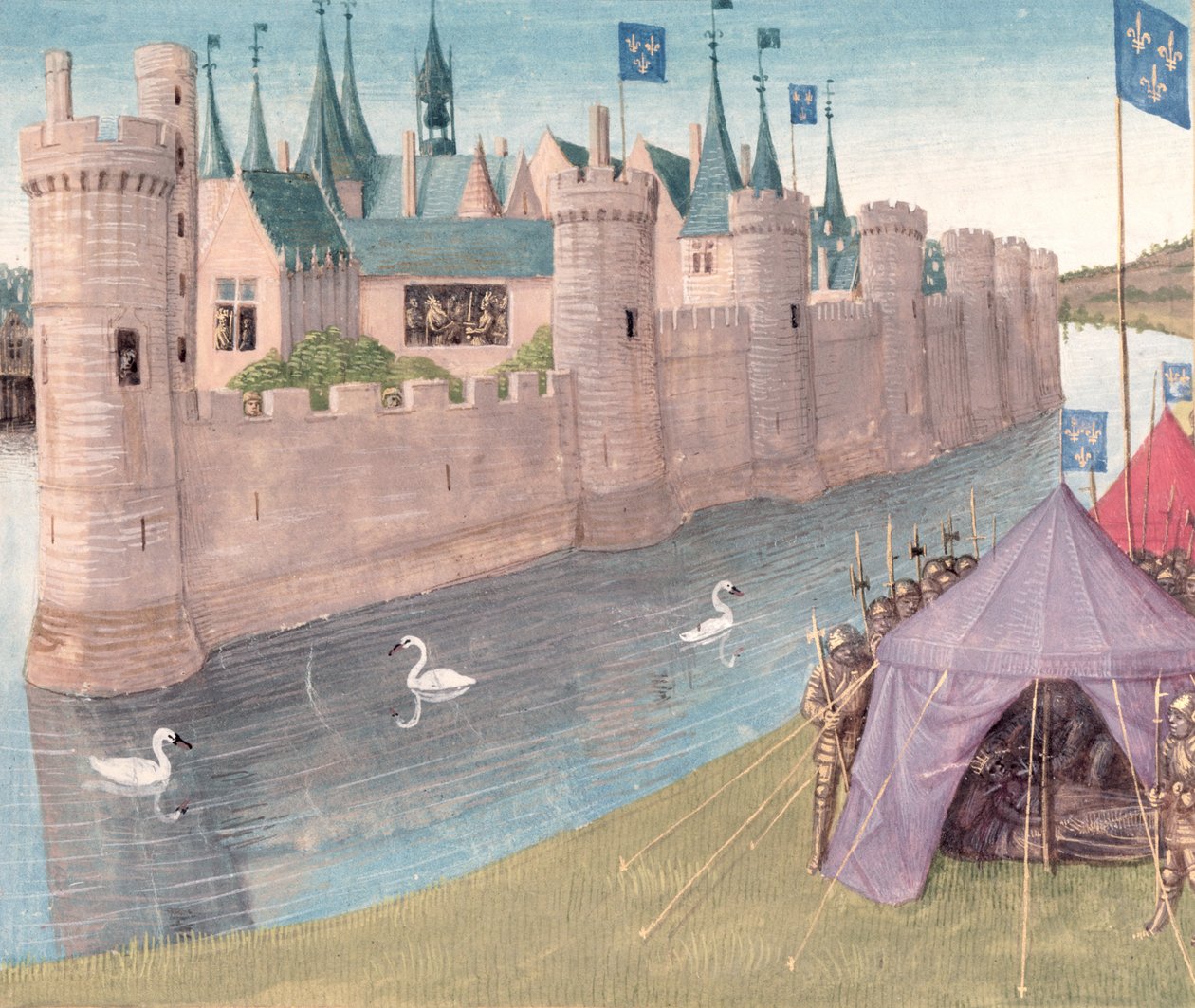 Ms Fr 6465 f.25 Śmierć Clothara I (zm.561) i podział jego królestwa, Grandes Chroniques de France autorstwa Jean Fouquet