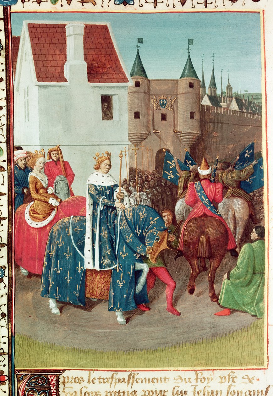 Pani Fr 6465 f.378v Wjazd do Paryża króla Jana II (1319-64) Le Bon i królowej Joanny z Boulogne, z „Les Grandes Chroniques de France”, c.1460 autorstwa Jean Fouquet