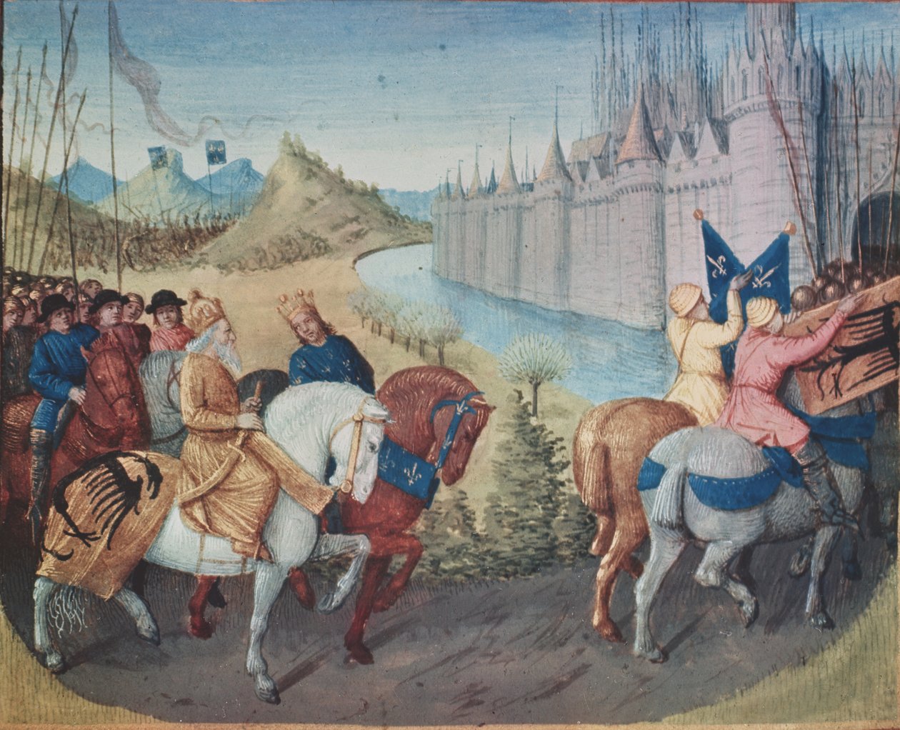 Ms Fr. 6465 fol.202 Wjazd Ludwika VII (ok. 1120-80) króla Francji i Konrada III (1093-1152) króla Niemiec do Konstantynopola podczas wypraw krzyżowych, 1147-49 (zob. też 38992). autorstwa Jean Fouquet