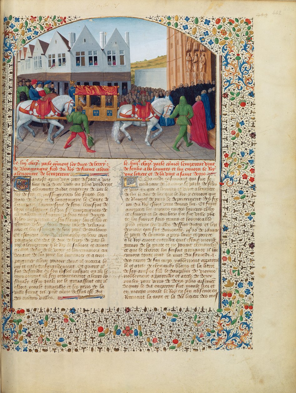 Ms Fr 6465 fol.442 Przybycie cesarza Karola IV (1316-78) do bazyliki Saint-Denis, z Grandes Chroniques de France, ok. 1460 r. (zob. także 192993) autorstwa Jean Fouquet
